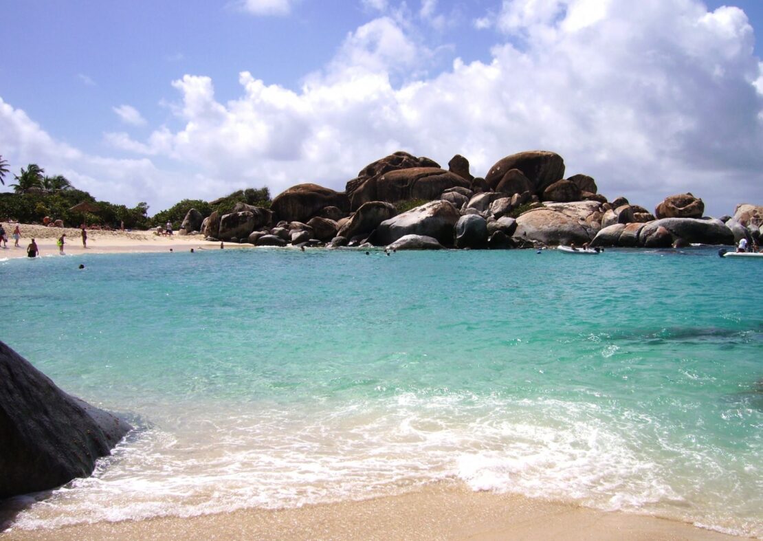 rocky formation and beach of The Baths Beach in the british virgin islands 